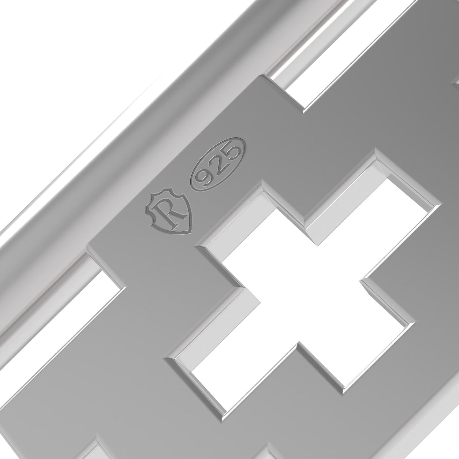 Dessin 3D du bracelet GenevaKey en argent rhodié zoomé sur les poinçons de l'argent 925 et du poinçon de maître de Swiss Accent