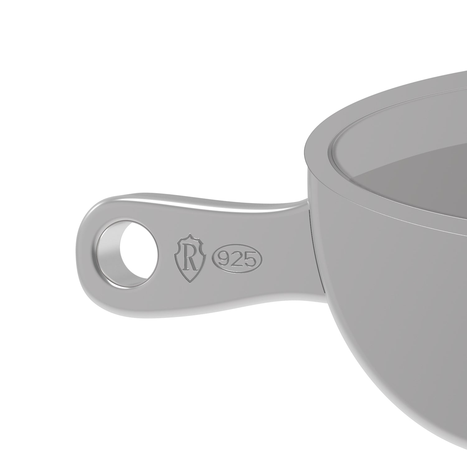 Dessin 3D du bracelet SwissFondue en argent rhodié zoomé sur les poinçons de l'argent 925 et du poinçon de maître de Swiss Accent