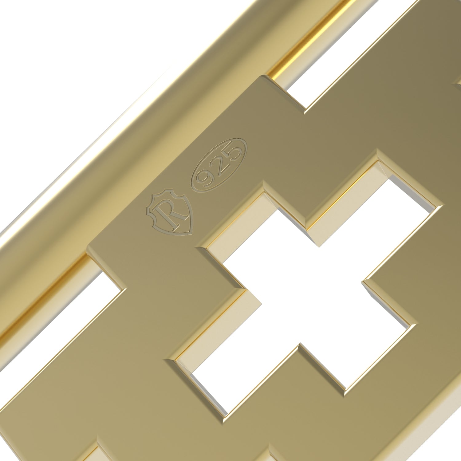 Dessin 3D du bracelet GenevaKey en argent plaqué or jaune zoomé sur les poinçons de l'argent 925 et du poinçon de maître de Swiss Accent