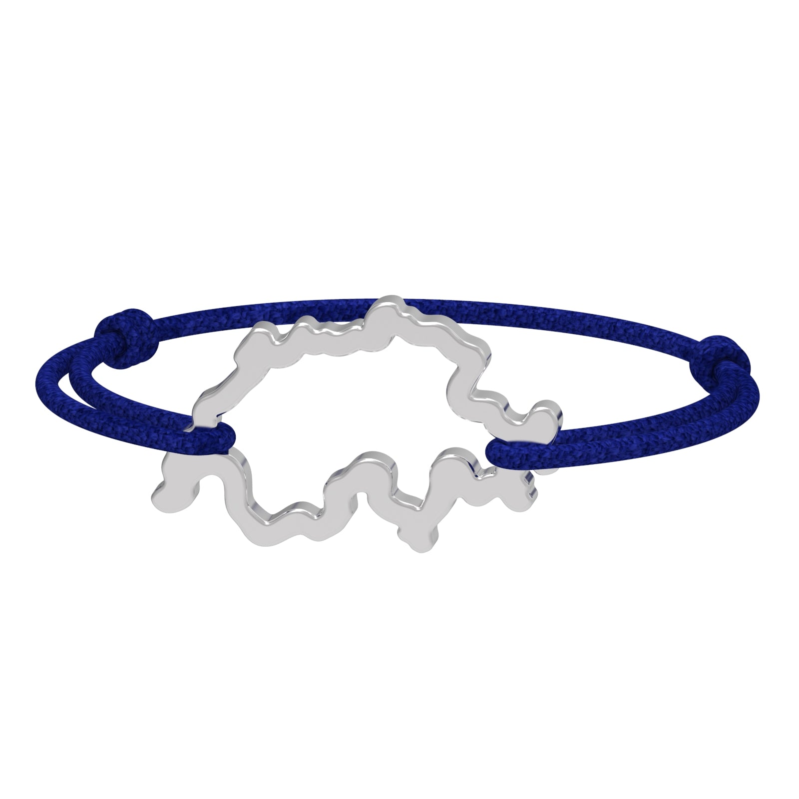 Dessin 3D du bracelet SwissMap en argent rhodié et cordon bleu